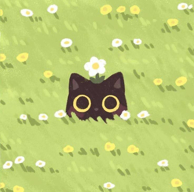 Cute Anime Girl pfp Profile Picture with Black Cat in Flower Field