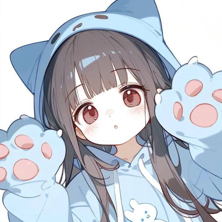 Cute Anime Girl pfp Profile Picture with Cat Ears and Blue Hoodie