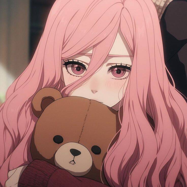Cute Anime Girl pfp Profile Picture with Pink Hair and Teddy Bear