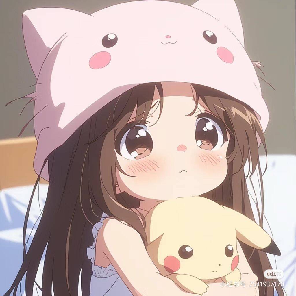 Cute Anime Girl pfp Profile Picture with Cat Hat and Plush Toy