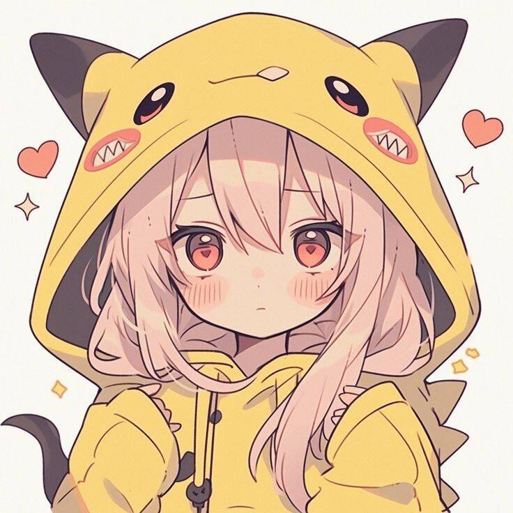 Cute Anime Girl pfp Profile Picture in Pikachu Hoodie with Blush