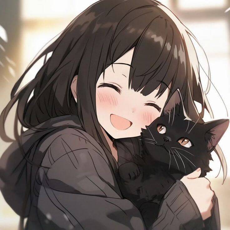 Cute Anime Girl pfp Profile Picture with Black Cat Smiling