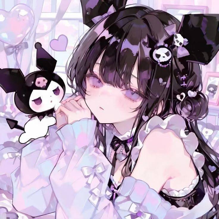 Cute Kuromi pfp Profile Picture with Black Bows and My Melody Plushie