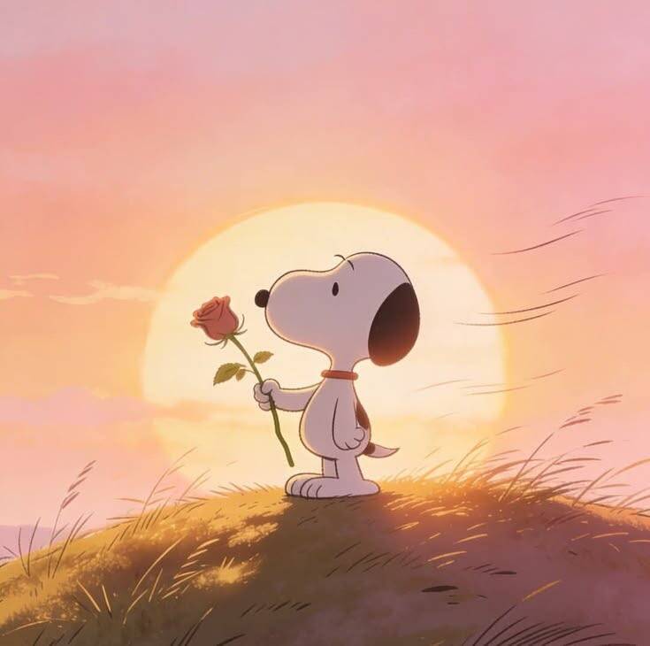 Snoopy pfp Profile Picture Holding a Rose at Sunset