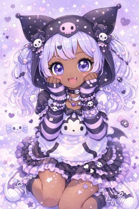 Cute Kuromi pfp Profile Picture with Skull Hoodie and Purple Background