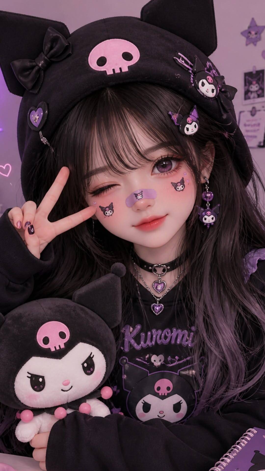 Cute Kuromi pfp Profile Picture with Plush Toy and Peace Sign
