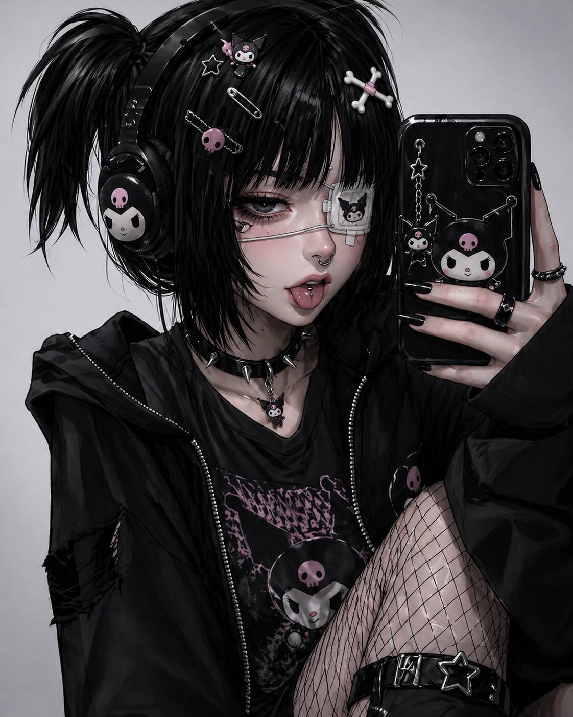 Kuromi pfp Profile Picture Dark Aesthetic with Headphones and Skull Accessories