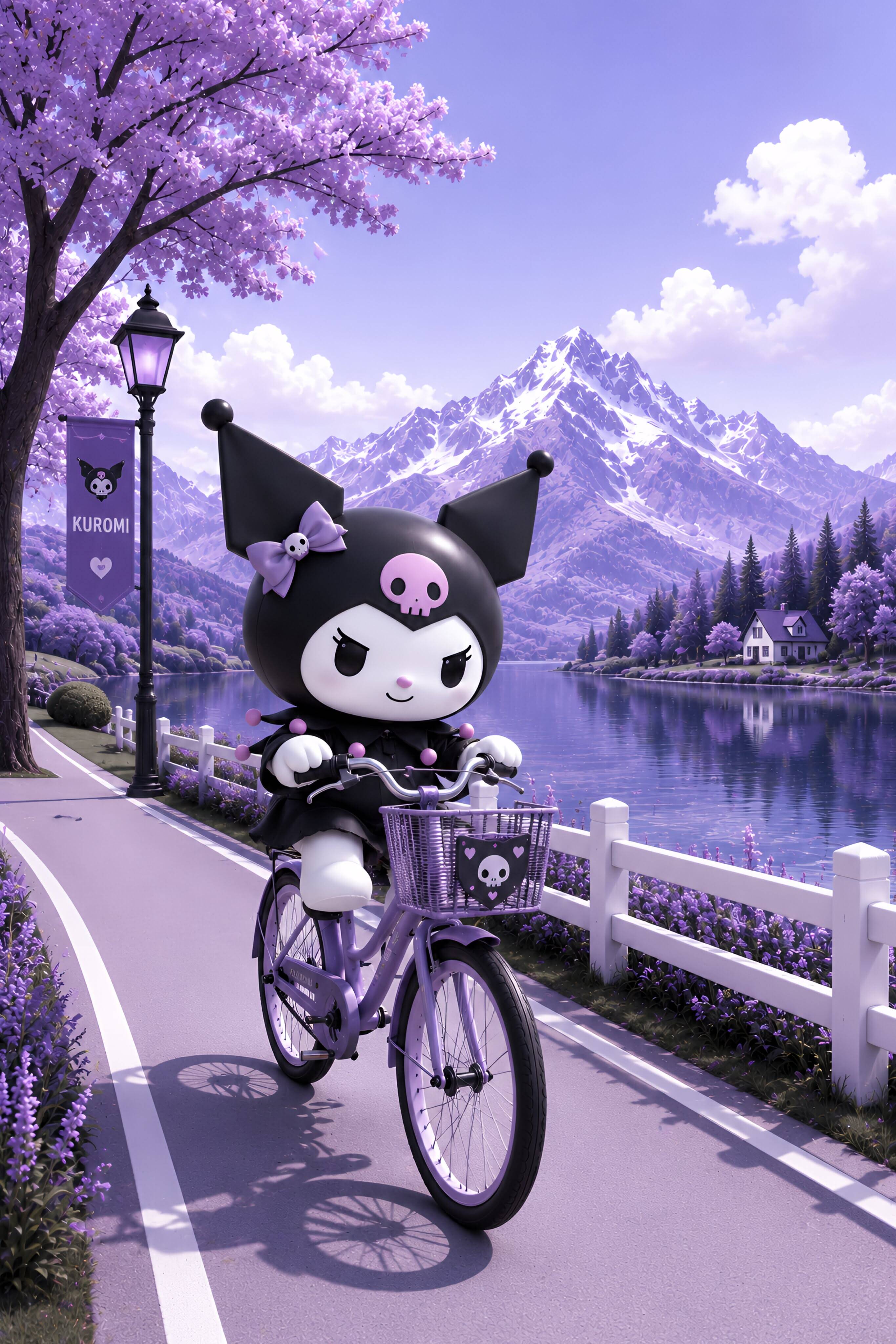 Kuromi pfp Profile Picture Riding a Bicycle in Purple Landscape