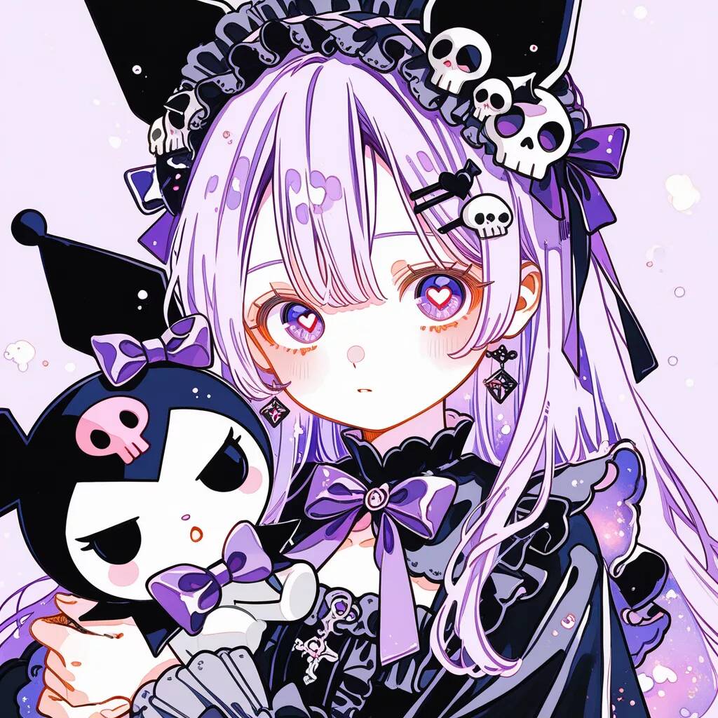 Cute Kuromi pfp Profile Picture with Skull Accessories and Purple Hair