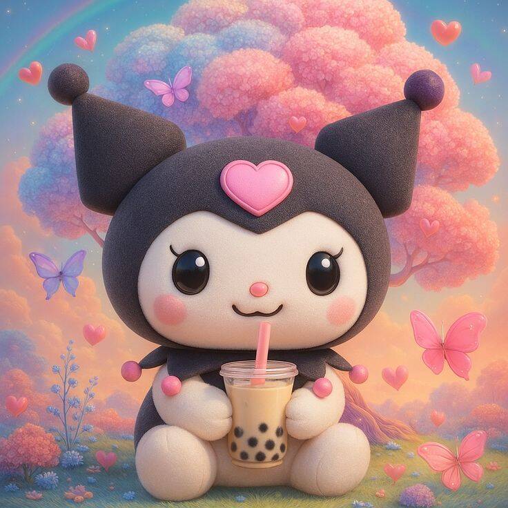 Cute Kuromi pfp Profile Picture with Bubble Tea and Pink Butterflies