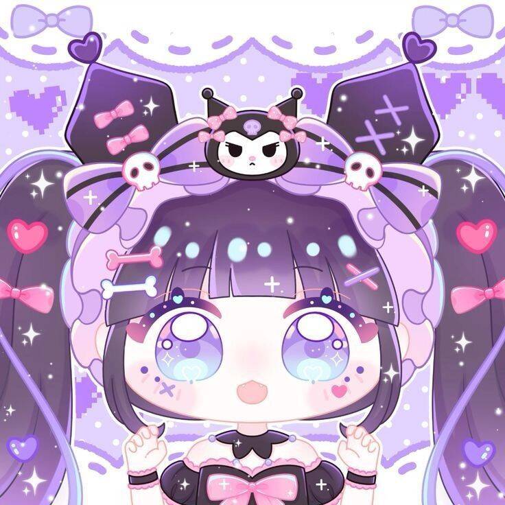 Cute Kuromi pfp Profile Picture with Purple Hair and Jester Hat