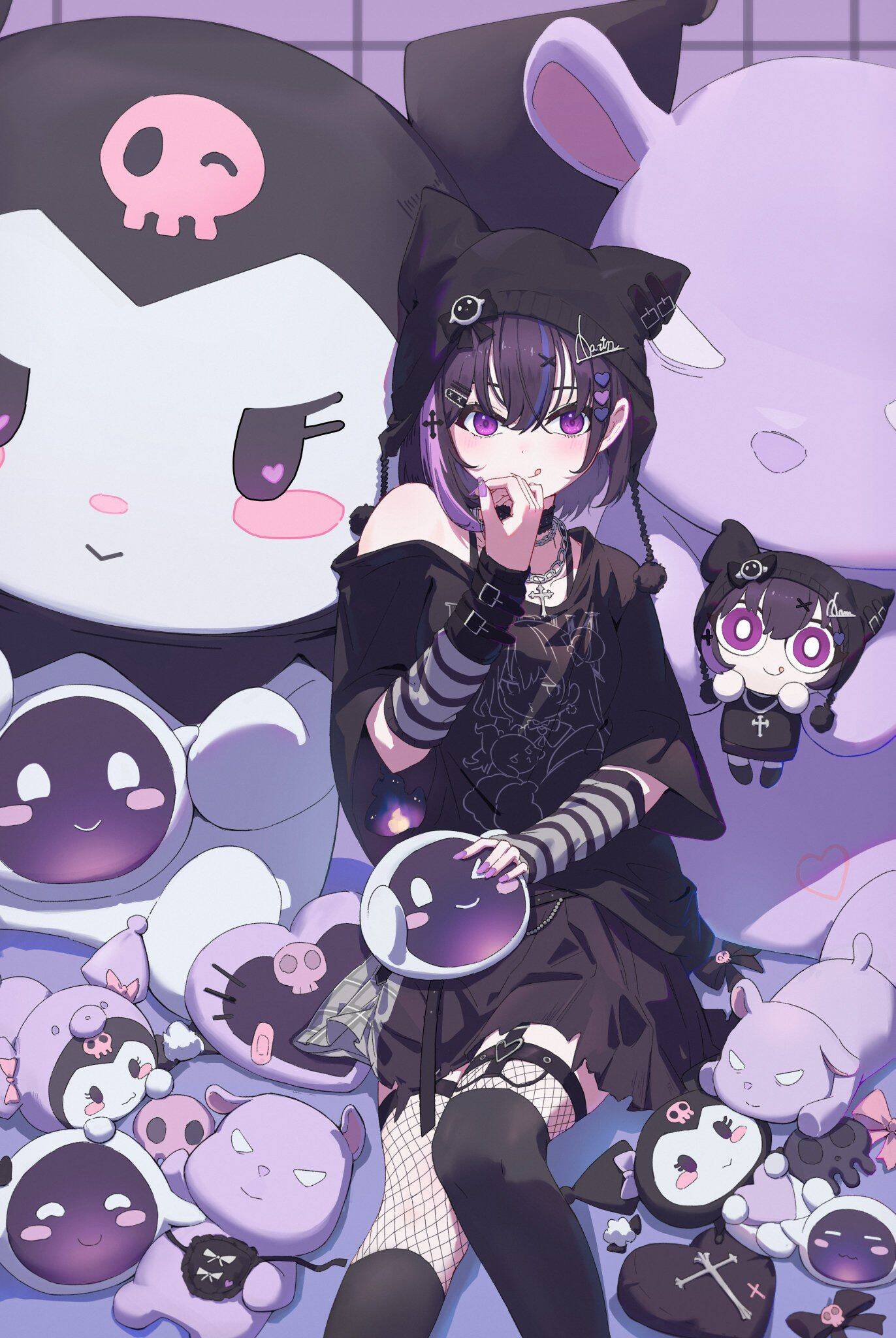 Cute Kuromi pfp Profile Picture with Plushies and Gothic Aesthetic