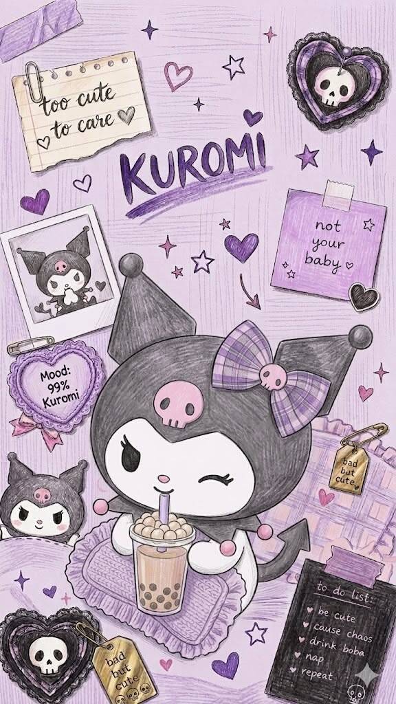 Cute Kuromi pfp Profile Picture with Purple Bow and Drink