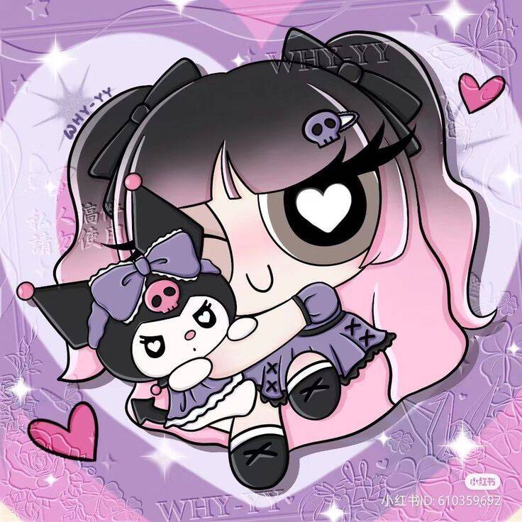 Cute Kuromi pfp Profile Picture with Heart and My Melody Plushie