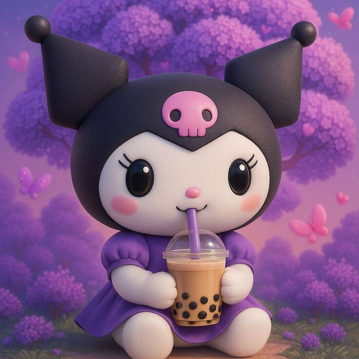 Cute Kuromi pfp Profile Picture with Bubble Tea and Purple Background