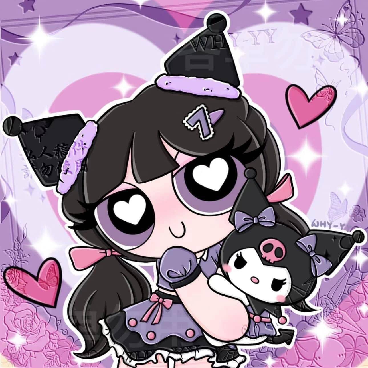 Cute Kuromi pfp Profile Picture with Jester Hat and Heart Background